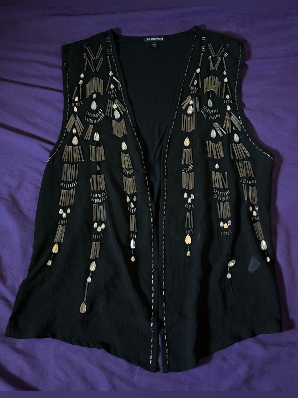 Cha Cha Vente Jingly Beaded Bedazzled Sleeveless Semi Sheer Black OpenFront Vest